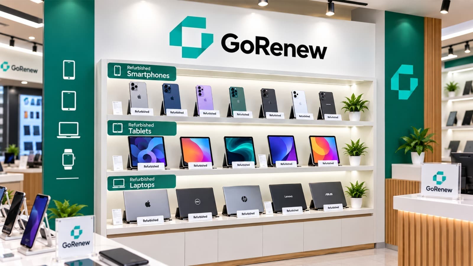 A GoRenew display wall of graded refurbished smartphones, tablets and laptops