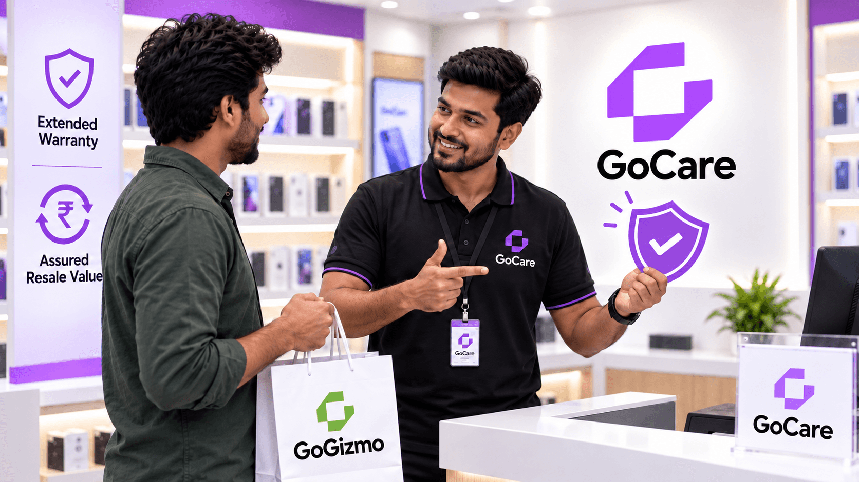 A GoCare advisor explaining a device protection plan to a customer at the counter