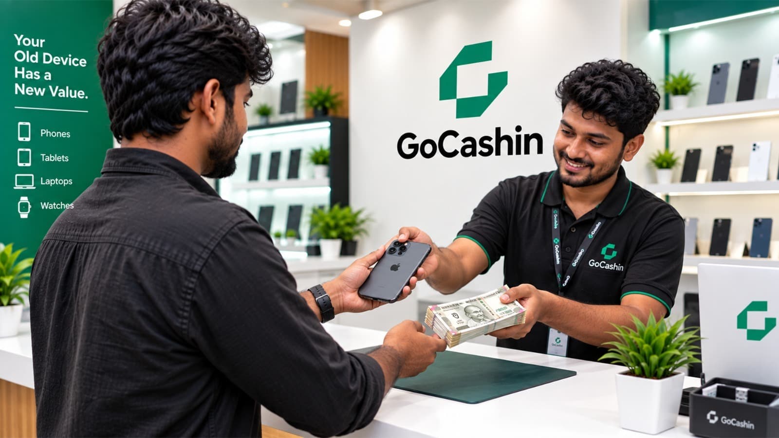 A customer handing a phone across a GoCashin counter and receiving cash in return