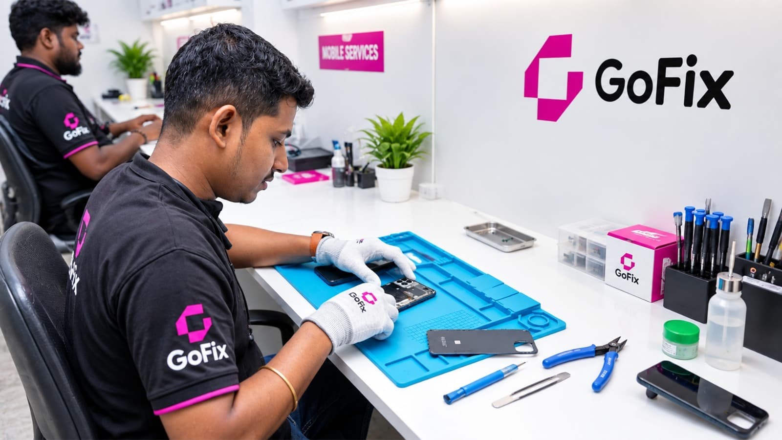 A GoFix technician in branded uniform opening a smartphone on a repair mat