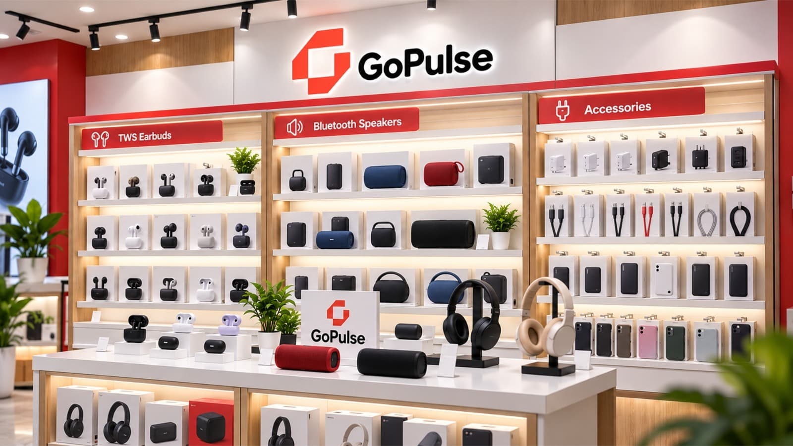 A GoPulse accessories wall of earbuds, speakers, chargers and cases