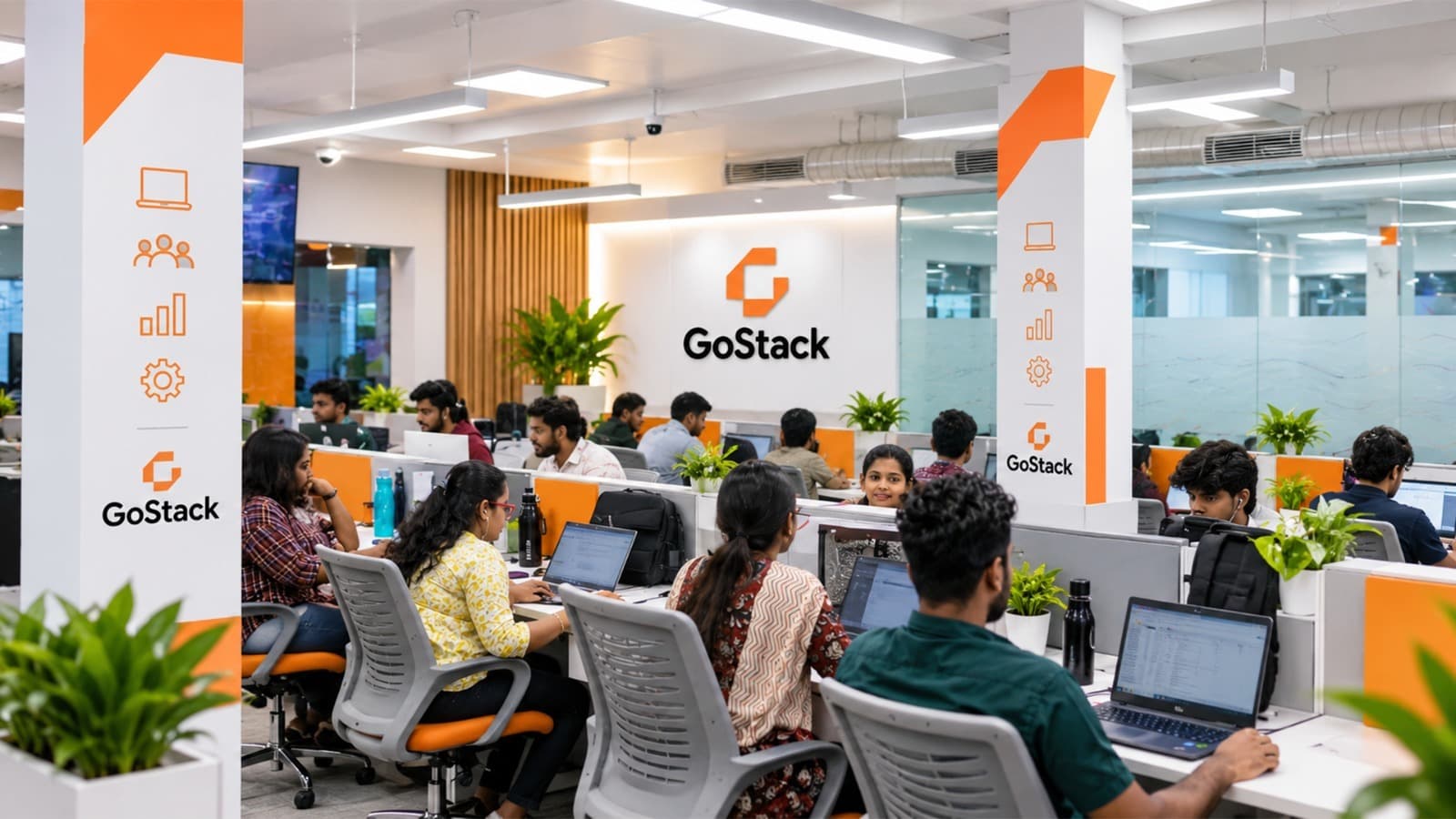 The GoStack engineering floor with teams working at laptops beneath branded signage